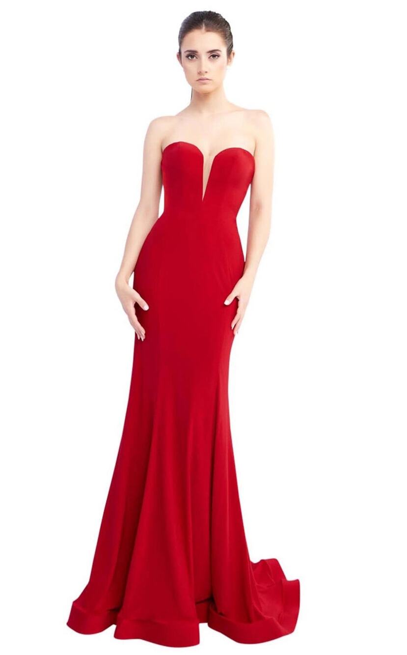 Mac Duggal Bustier Gown Women's 8 Red Strapless Sweetheart Maxi Pooled Train